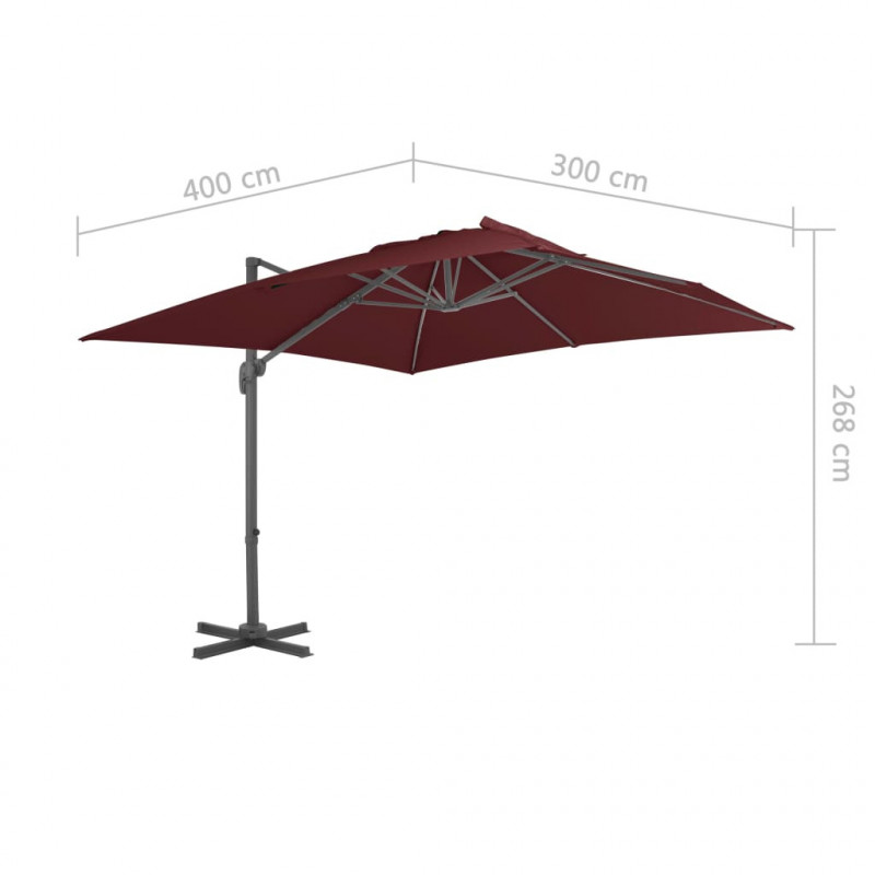 Parasol wiszący na aluminiowym słupku, bordowy, 400x300 cm