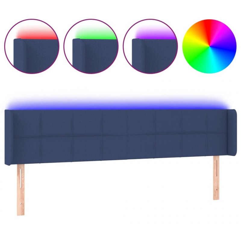 Zagłówek do łóżka z LED, niebieski, 203x16x78/88 cm, tkanina
