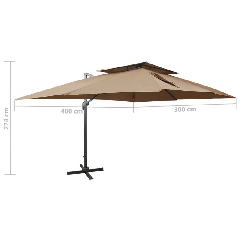 Parasol wiszący z podwójną czaszą, 400x300 cm, taupe