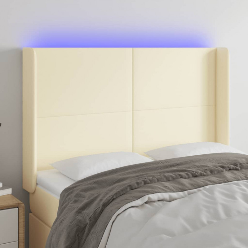 Zagłówek do łóżka z LED kremowy 147x16x118/128cm sztuczna skóra