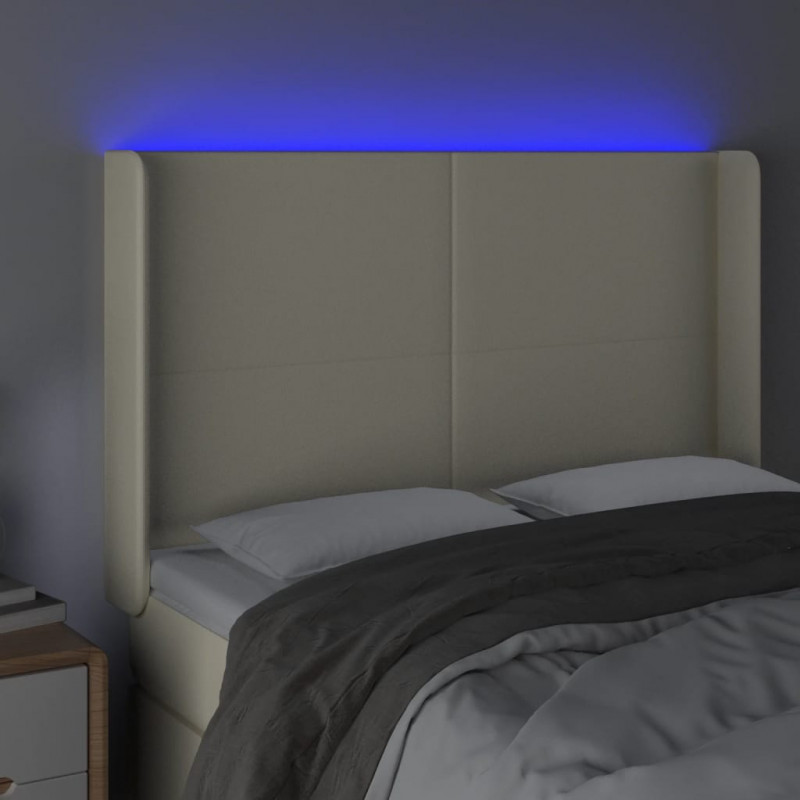 Zagłówek do łóżka z LED kremowy 147x16x118/128cm sztuczna skóra
