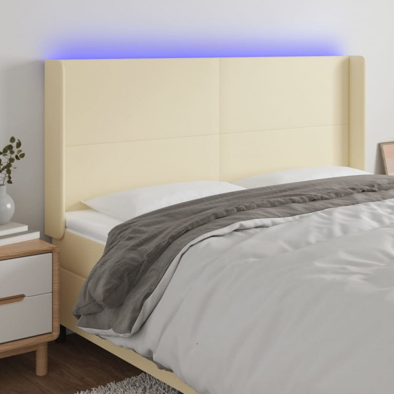 Zagłówek do łóżka z LED kremowy 183x16x118/128cm sztuczna skóra