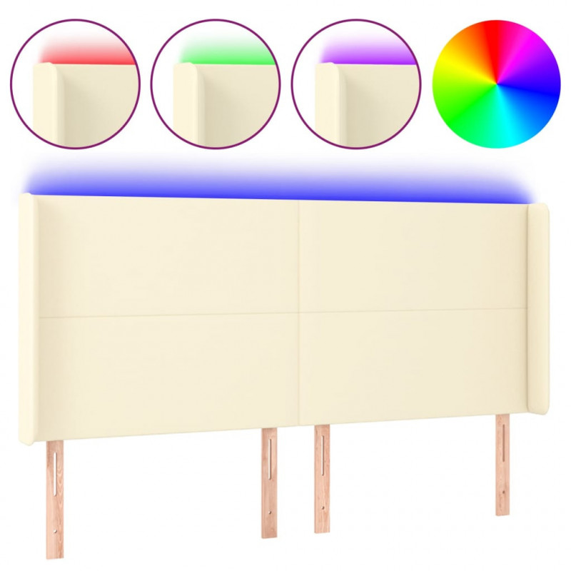 Zagłówek do łóżka z LED kremowy 183x16x118/128cm sztuczna skóra