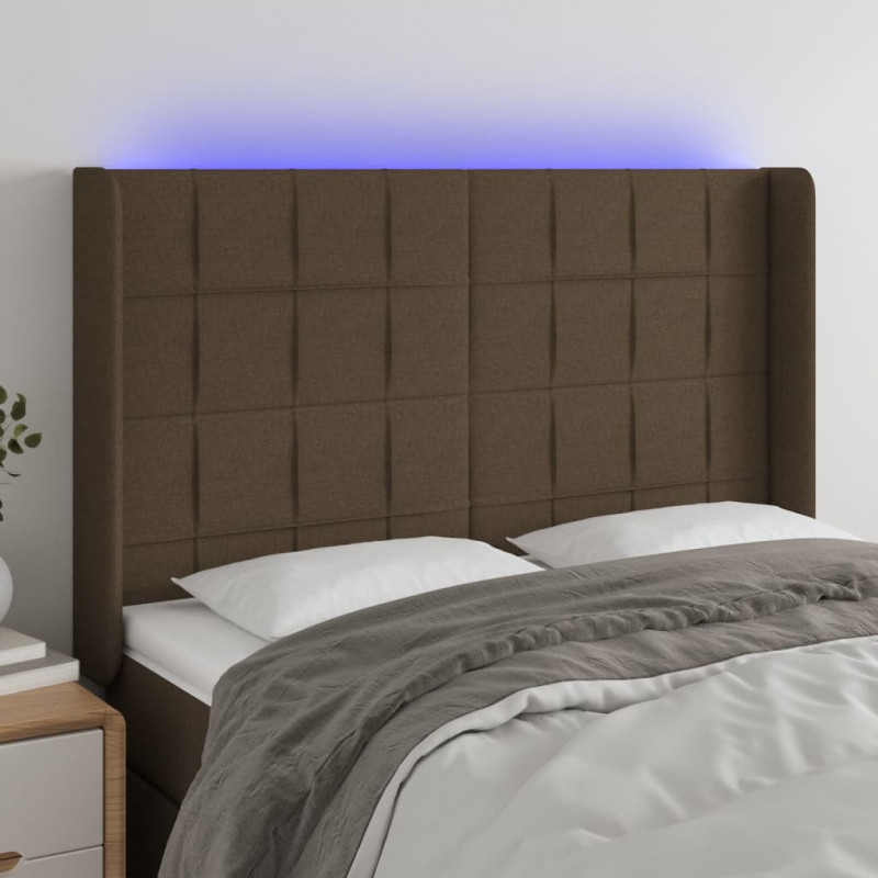 Zagłówek do łóżka z LED ciemnobrązowy 147x16x118/128 cm tkanina