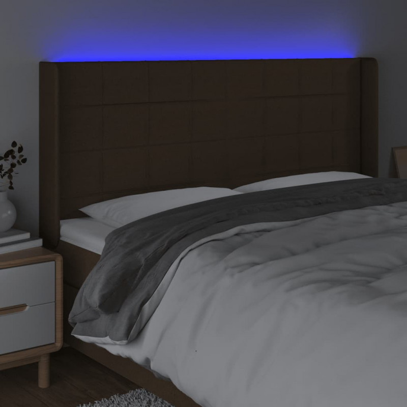 Zagłówek do łóżka z LED ciemnobrązowy 163x16x118/128 cm tkanina