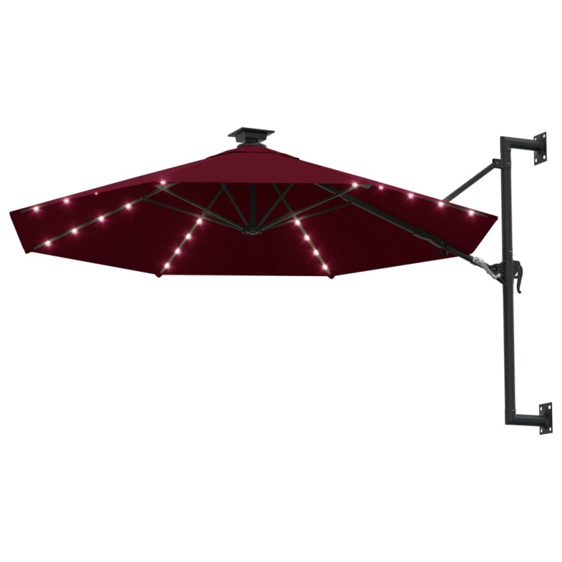 Parasol ogrodowy z LED, ścienny, 300 cm, bordowy