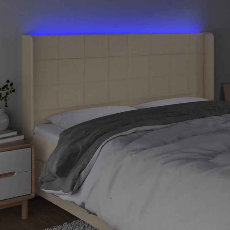 Zagłówek do łóżka z LED, kremowy, 203x16x118/128 cm, tkanina