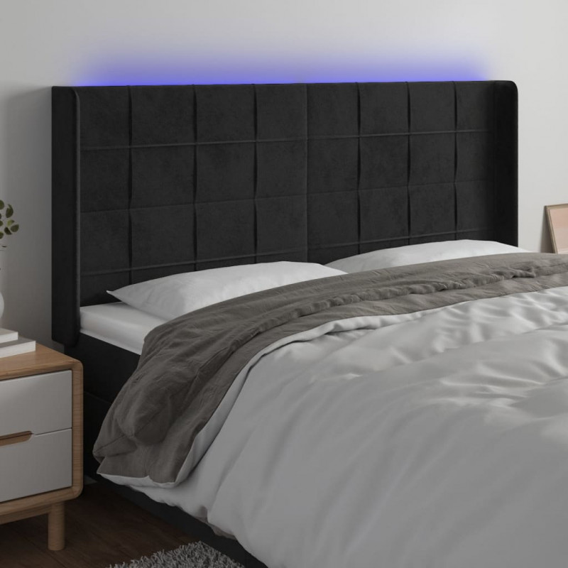 Zagłówek do łóżka z LED, czarny, 163x16x118/128 cm, aksamit