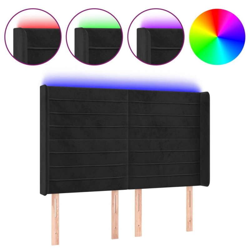 Zagłówek do łóżka z LED, czarny, 147x16x118/128 cm, aksamit