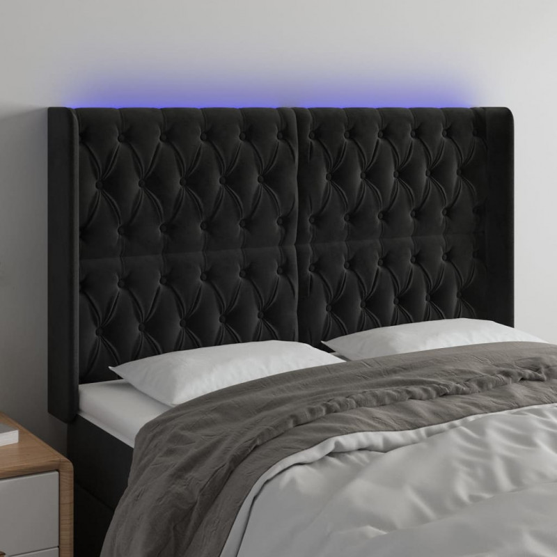 Zagłówek do łóżka z LED, czarny, 147x16x118/128 cm, aksamit