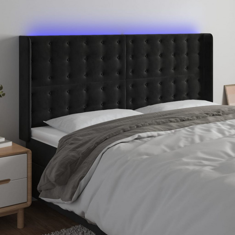 Zagłówek do łóżka z LED, czarny, 183x16x118/128 cm, aksamit