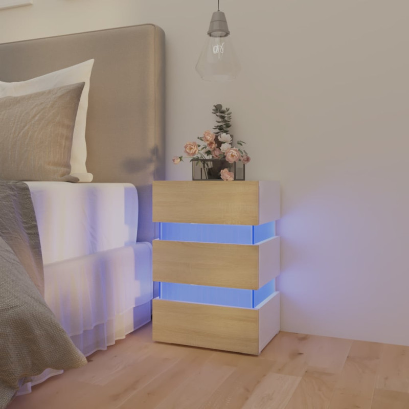 Szafka nocna z LED, biel i dąb sonoma, 45x35x67 cm