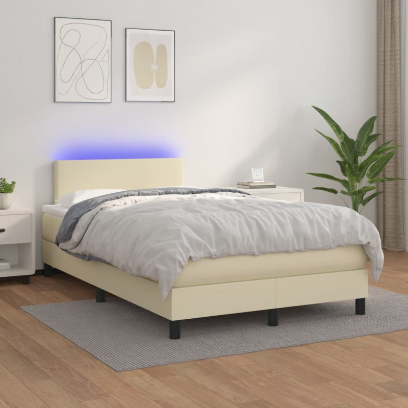 Łóżko kontynentalne z LED, materac, kremowe, ekoskóra 120x200cm