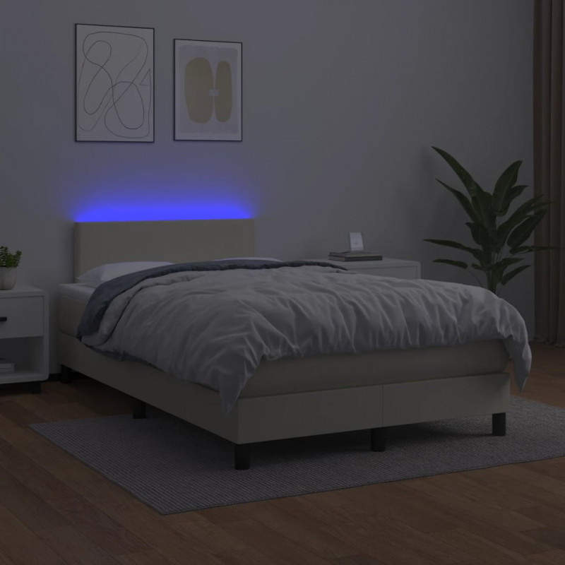 Łóżko kontynentalne z LED, materac, kremowe, ekoskóra 120x200cm