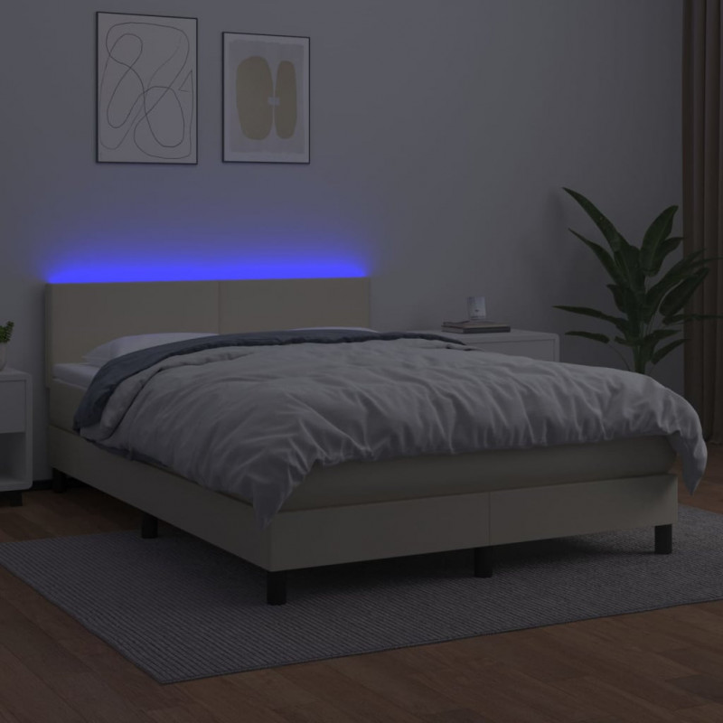 Łóżko kontynentalne z LED, materac, kremowe, ekoskóra 140x190cm