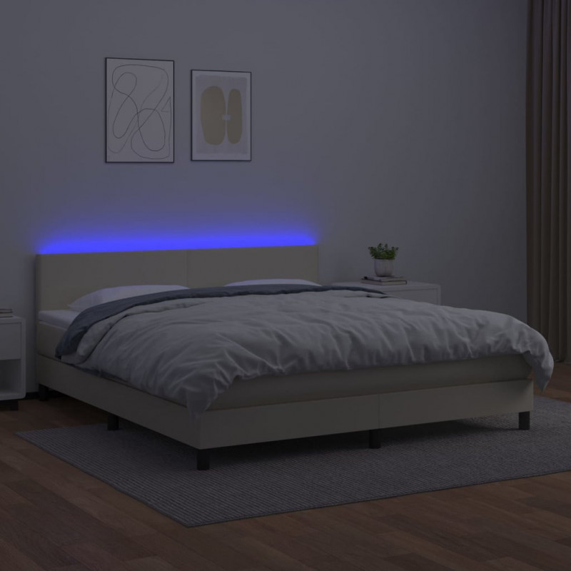 Łóżko kontynentalne z LED, materac, kremowe, ekoskóra 180x200cm