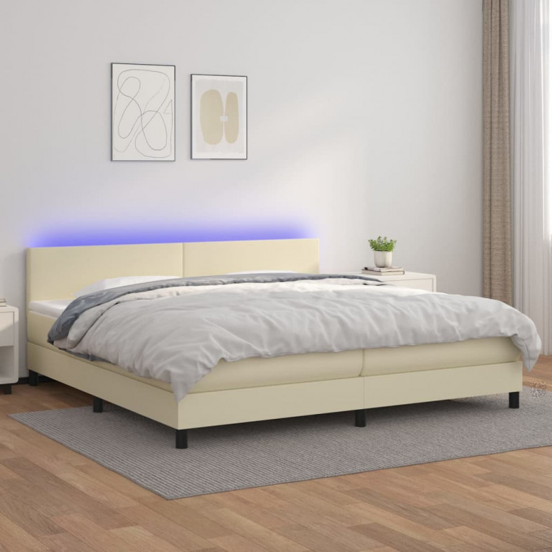 Łóżko kontynentalne z LED, materac, kremowe, ekoskóra 200x200cm