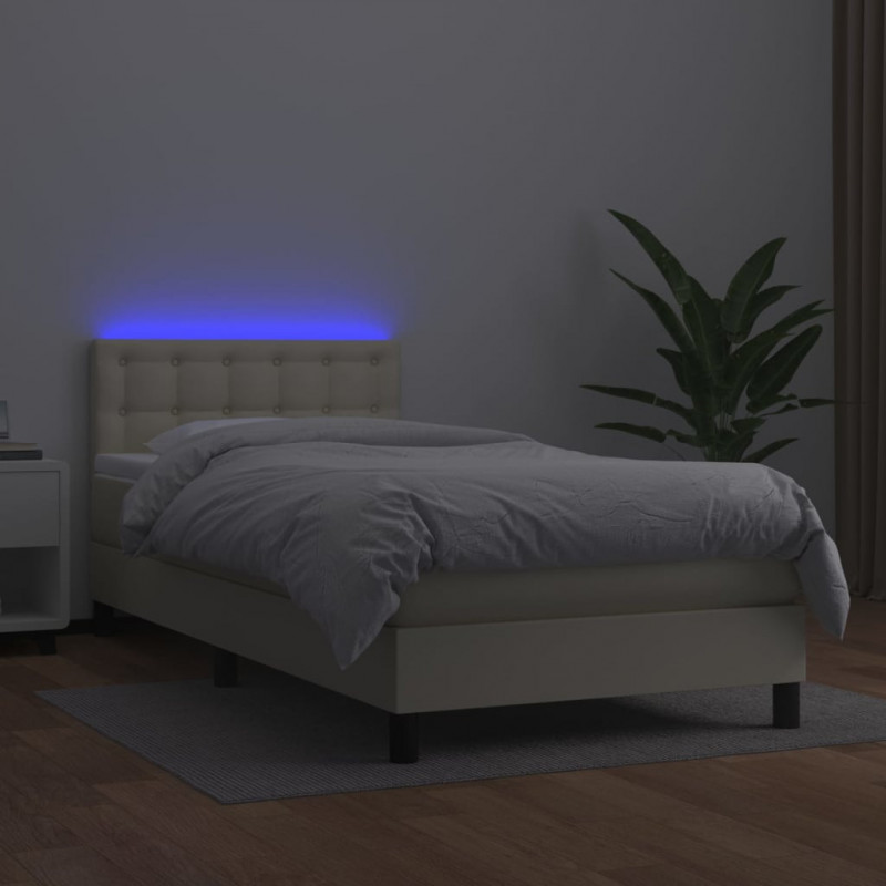 Łóżko kontynentalne z LED, materac, kremowe, ekoskóra 90x200 cm