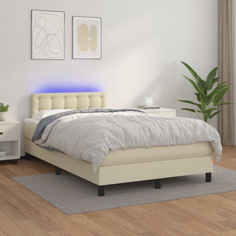 Łóżko kontynentalne z LED, materac, kremowe, ekoskóra 120x200cm