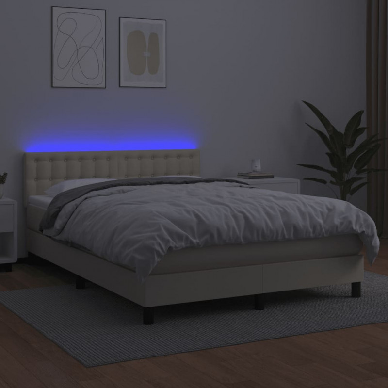 Łóżko kontynentalne z LED, materac, kremowe, ekoskóra 140x200cm
