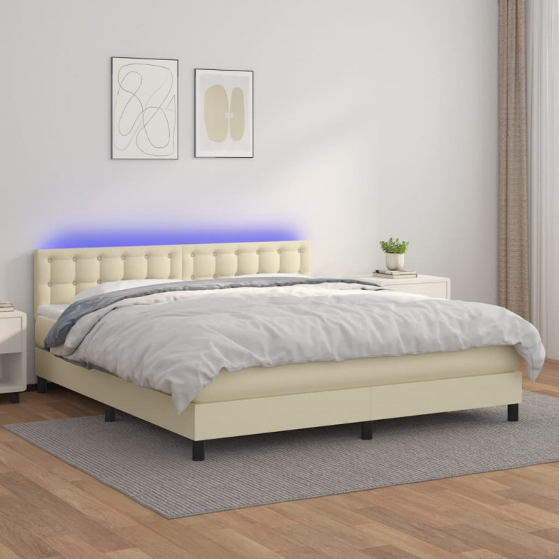 Łóżko kontynentalne z LED, materac, kremowe, ekoskóra 180x200cm