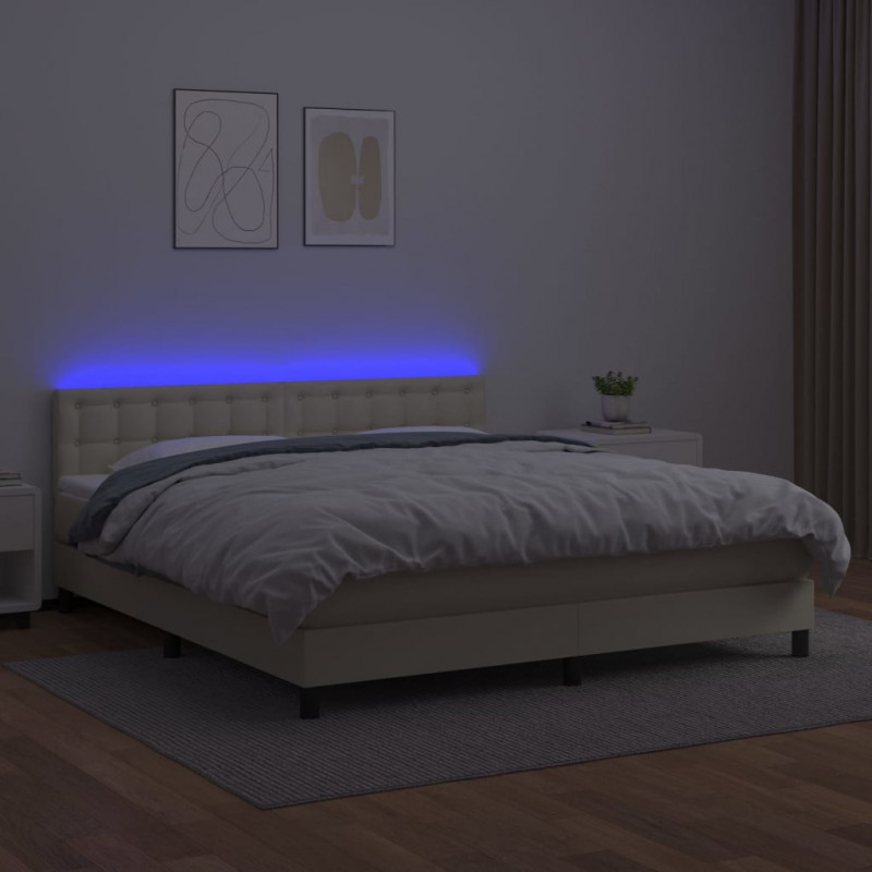 Łóżko kontynentalne z LED, materac, kremowe, ekoskóra 180x200cm