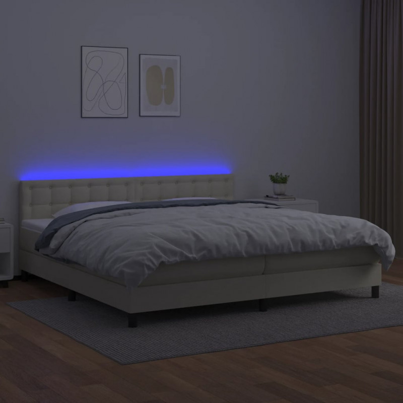 Łóżko kontynentalne z LED, materac, kremowe, ekoskóra 200x200cm