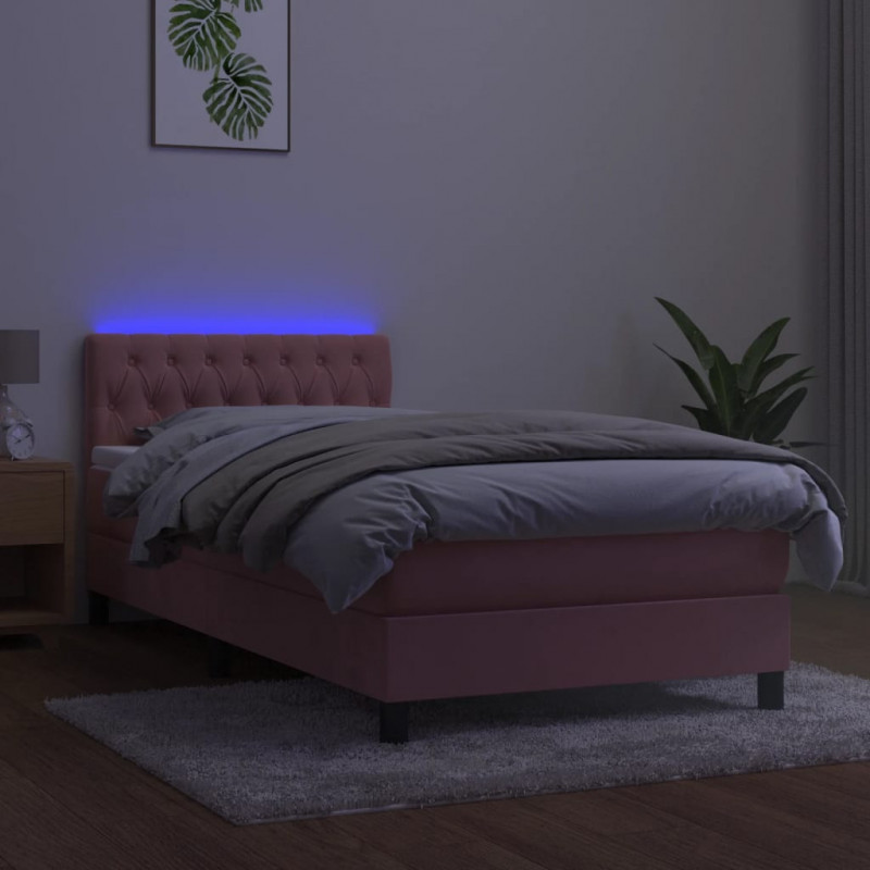 Łóżko kontynentalne z materacem i LED, różowy aksamit 90x190 cm