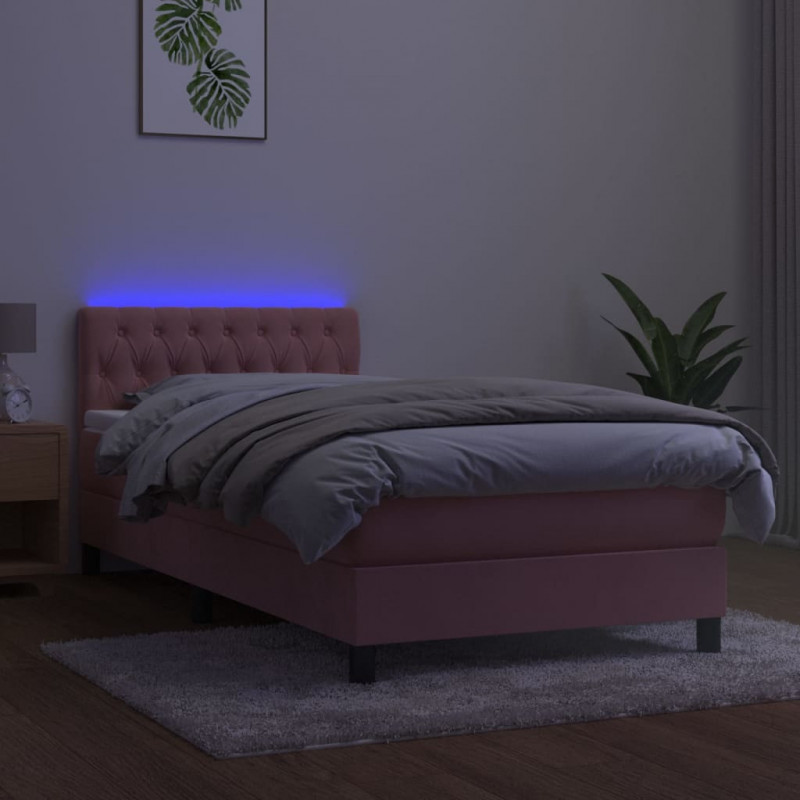 Łóżko kontynentalne z materacem i LED, różowy aksamit 90x200 cm