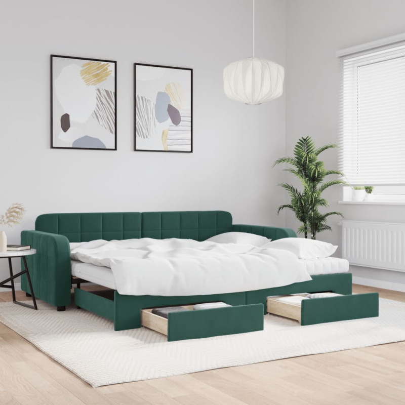 Sofa rozsuwana z szufladami, ciemnozielona, 90x200 cm, aksamit