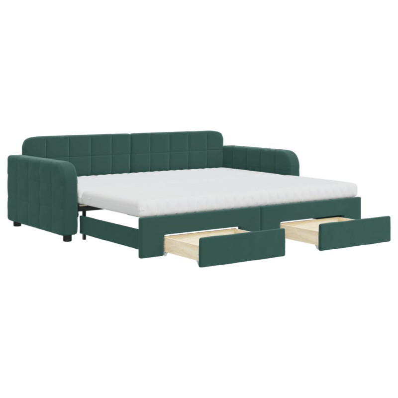 Sofa rozsuwana z szufladami, ciemnozielona, 90x200 cm, aksamit