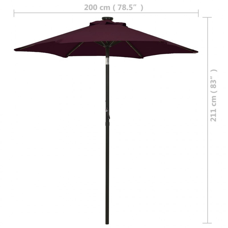 Parasol ogrodowy z LED, bordowy, 200x211 cm, aluminium