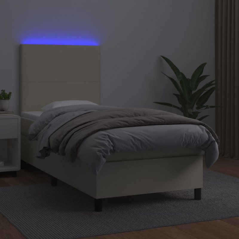 Łóżko kontynentalne z LED, materac, kremowe, ekoskóra 90x190 cm