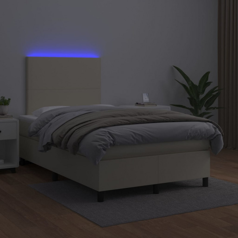 Łóżko kontynentalne z LED, materac, kremowe, ekoskóra 120x200cm