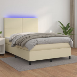 Łóżko kontynentalne z LED, materac, kremowe, ekoskóra 140x200cm