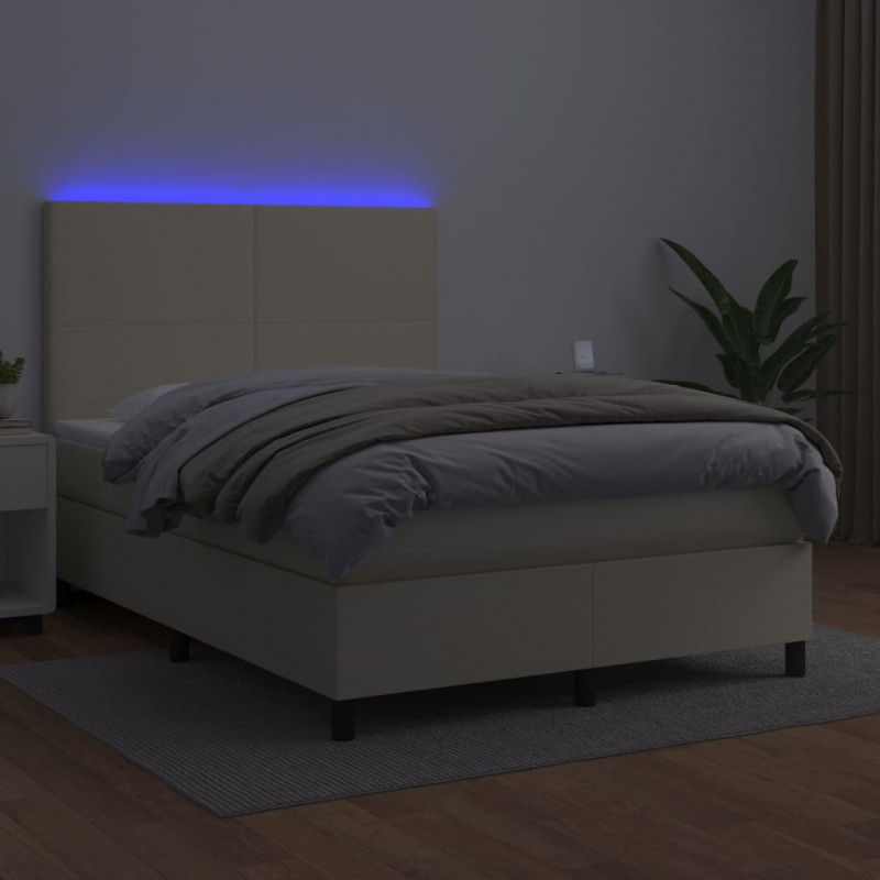 Łóżko kontynentalne z LED, materac, kremowe, ekoskóra 140x200cm