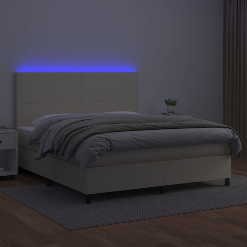 Łóżko kontynentalne z LED, materac, kremowe, ekoskóra 180x200cm