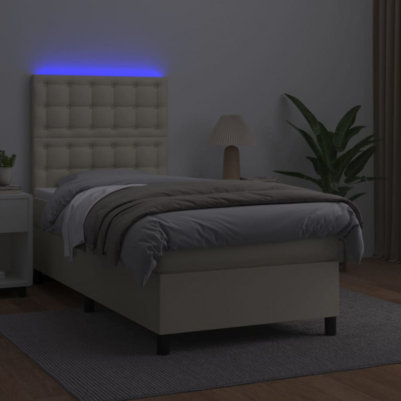 Łóżko kontynentalne z LED, materac, kremowe, ekoskóra 100x200cm