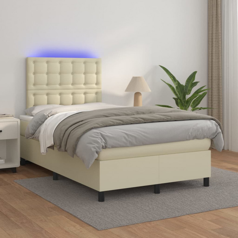 Łóżko kontynentalne z LED, materac, kremowe, ekoskóra 120x200cm