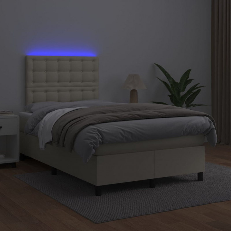 Łóżko kontynentalne z LED, materac, kremowe, ekoskóra 120x200cm