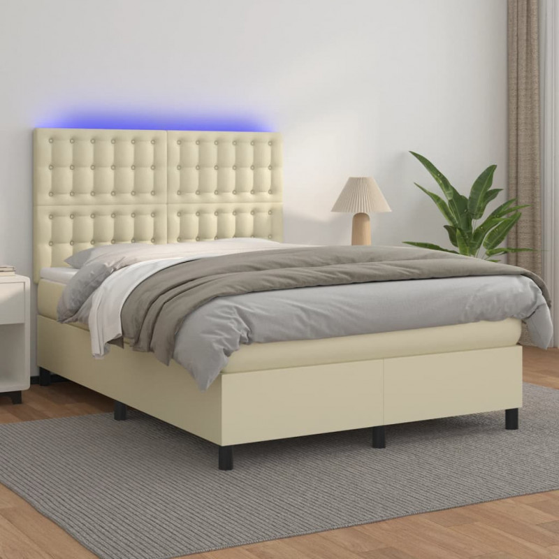 Łóżko kontynentalne z LED, materac, kremowe, ekoskóra 140x190cm