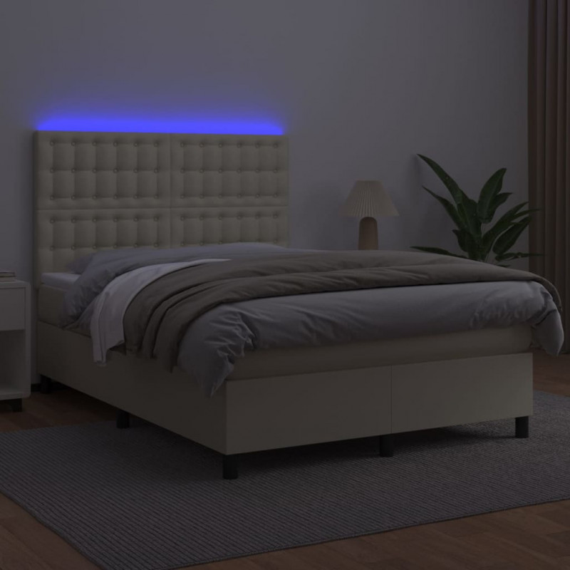 Łóżko kontynentalne z LED, materac, kremowe, ekoskóra 140x200cm