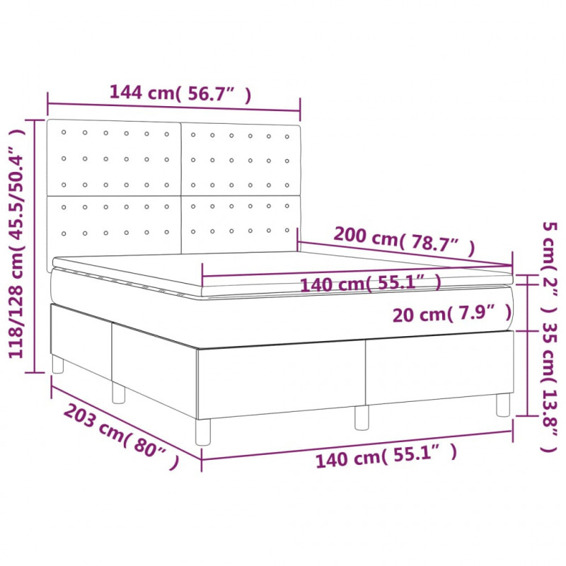 Łóżko kontynentalne z LED, materac, kremowe, ekoskóra 140x200cm