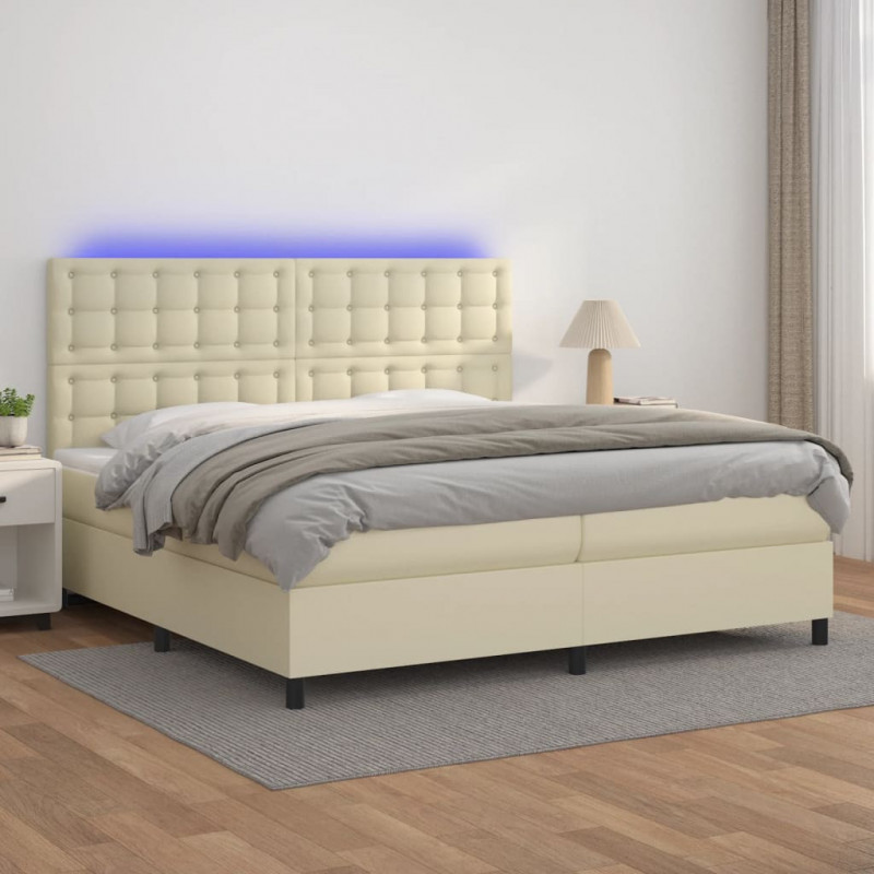 Łóżko kontynentalne z LED, materac, kremowe, ekoskóra 200x200cm
