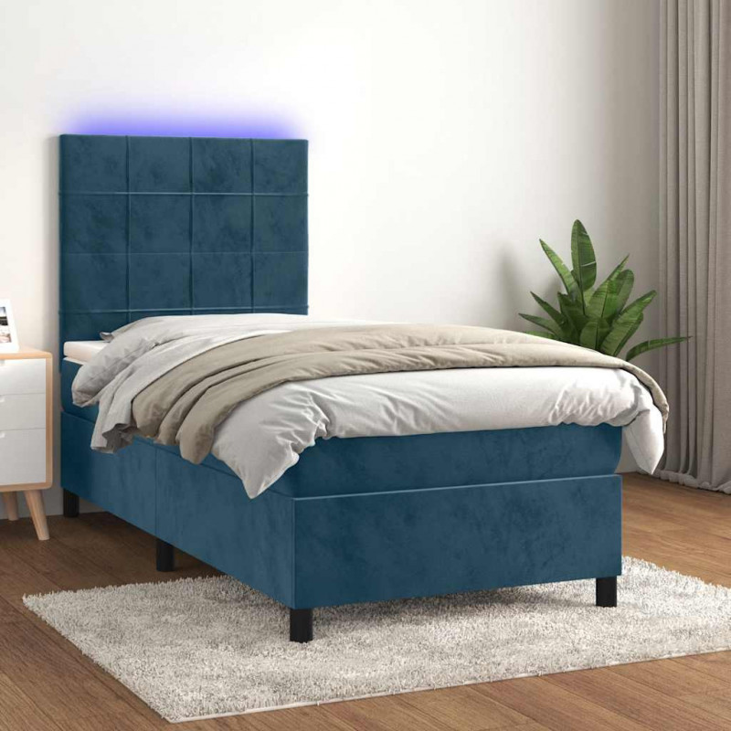 Łóżko kontynentalne, materac i LED, niebieski aksamit 90x190 cm