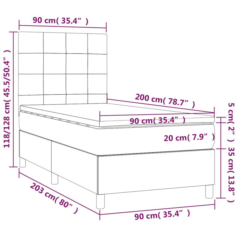 Łóżko kontynentalne, materac i LED, niebieski aksamit 90x200 cm