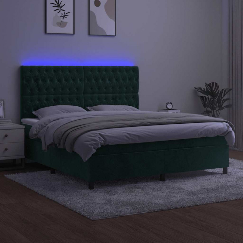 Łóżko kontynentalne z materacem i LED zielony aksamit 160x200cm
