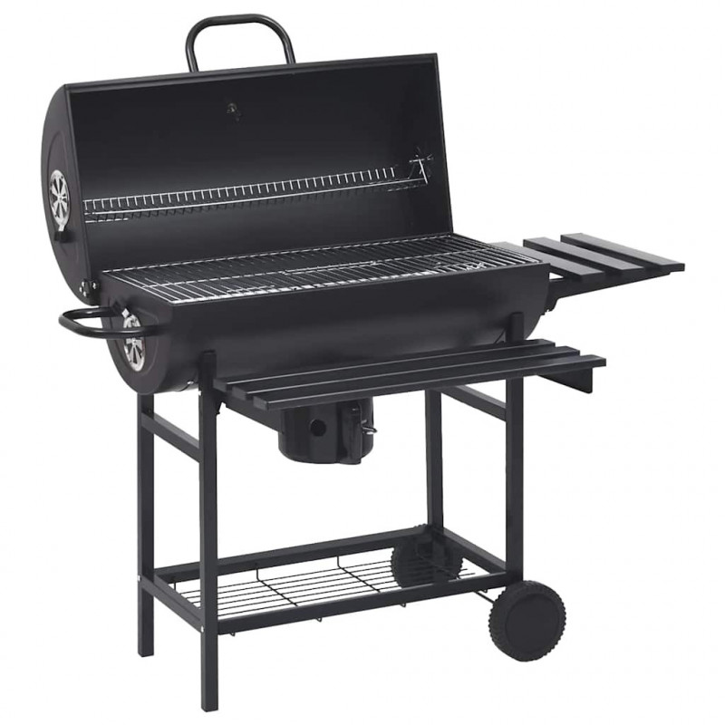 Grill beczkowy z kółkami i półkami, czarny, stal, 115x85x95 cm