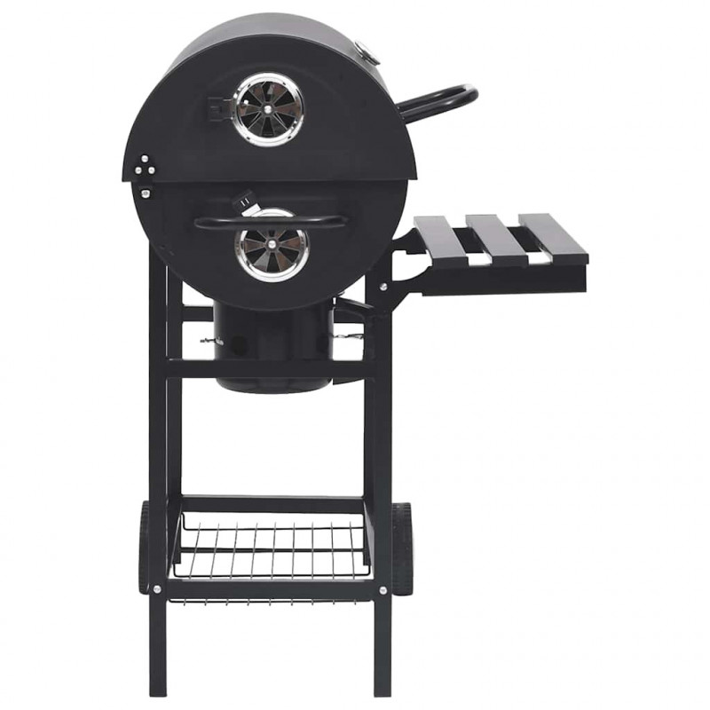 Grill beczkowy z kółkami i półkami, czarny, stal, 115x85x95 cm