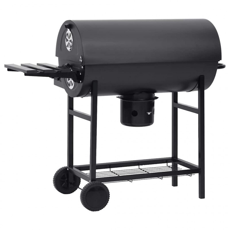 Grill beczkowy z kółkami i półkami, czarny, stal, 115x85x95 cm
